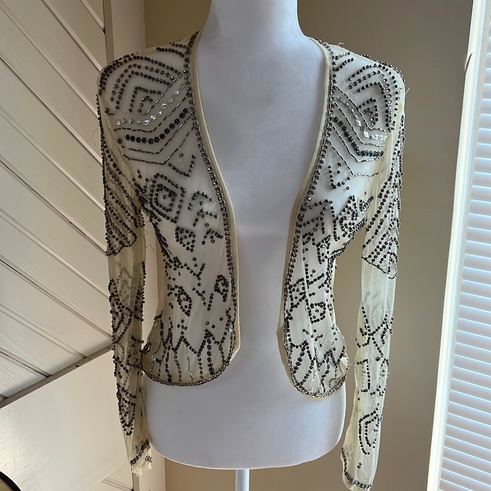 Sheer, heavily beaded boho/festival open net jacket, vintage look, sz small.
